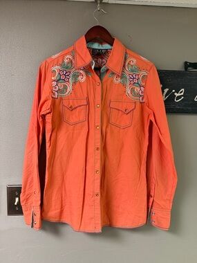 Cowgirl Up Embroidered Coral Western Button-Up Shirt